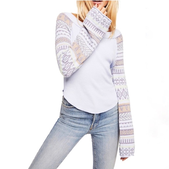 Free People Tops - Free people fairground blue brown colorful print bell long sleeve thermal top